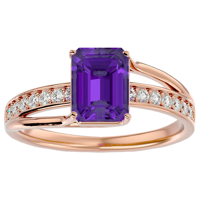 1 3/4 Carat Emerald Cut Amethyst & 14 Diamond Ring in 14K Rose Gold (3.50 g), , Size 4 by SuperJeweler