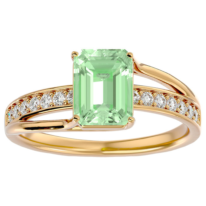 1 3/4 Carat Emerald Cut Green Amethyst & 14 Diamond Ring in 14K Yellow Gold (3.50 g), , Size 4 by SuperJeweler