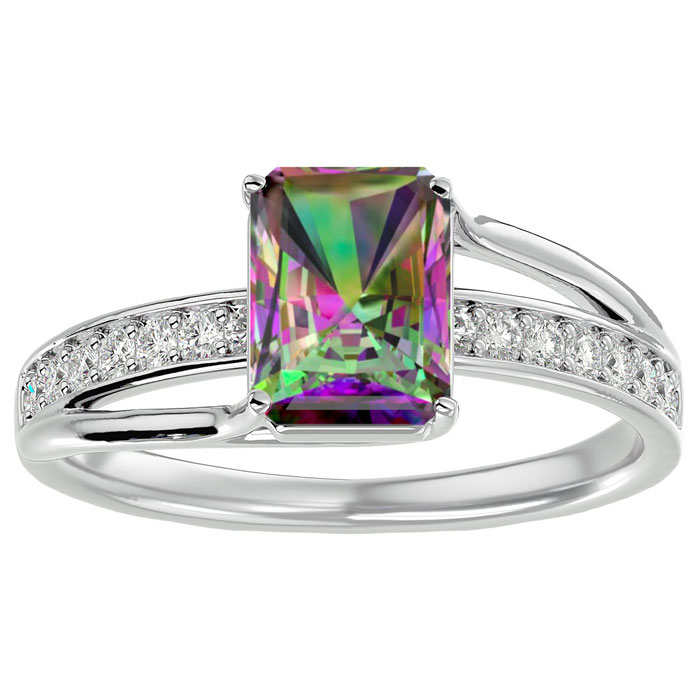 1 3/4 Carat Emerald Cut Mystic Topaz & 14 Diamond Ring in 14K White Gold (3.50 g), , Size 4 by SuperJeweler