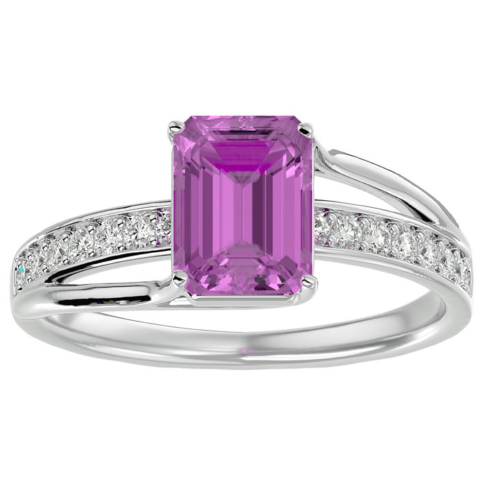 2 Carat Emerald Cut Pink Topaz & 14 Diamond Ring in 14K White Gold (3.50 g), , Size 4 by SuperJeweler