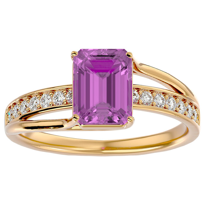 2 Carat Emerald Cut Pink Topaz & 14 Diamond Ring in 14K Yellow Gold (3.50 g), , Size 4 by SuperJeweler