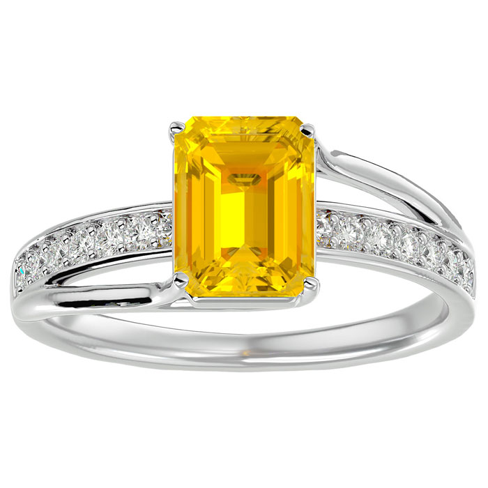 1 3/4 Carat Emerald Cut Citrine & 14 Diamond Ring in 14K White Gold (3.50 g), , Size 4 by SuperJeweler