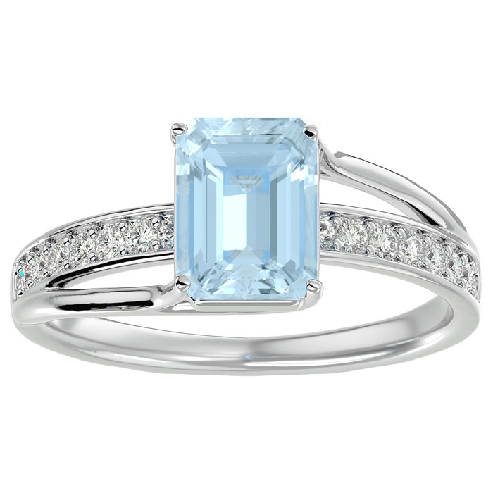 1.5 Carat Emerald Cut Aquamarine & 14 Diamond Ring in 14K White Gold (3.50 g), , Size 4 by SuperJeweler