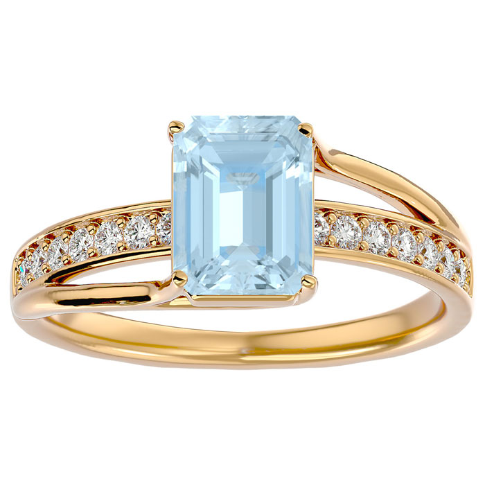 1.5 Carat Emerald Cut Aquamarine & 14 Diamond Ring in 14K Yellow Gold (3.50 g), , Size 4 by SuperJeweler