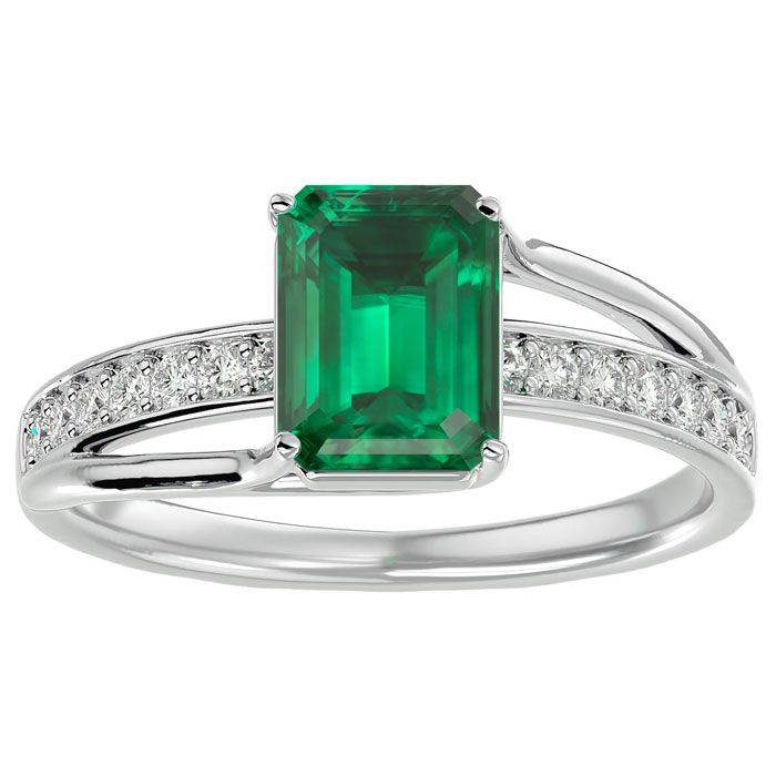 1.5 Carat Emerald Cut Emerald Cut & 14 Diamond Ring in 14K White Gold (3.50 g), , Size 4 by SuperJeweler