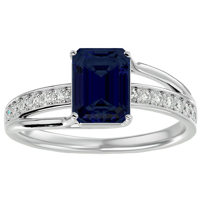 2.5 Carat Emerald Cut Sapphire & 14 Diamond Ring in 14K White Gold (3.50 g), , Size 4 by SuperJeweler