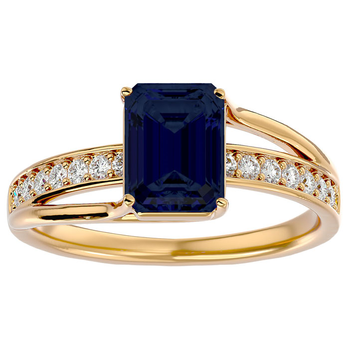 2.5 Carat Emerald Cut Sapphire & 14 Diamond Ring in 14K Yellow Gold (3.50 g), , Size 4 by SuperJeweler