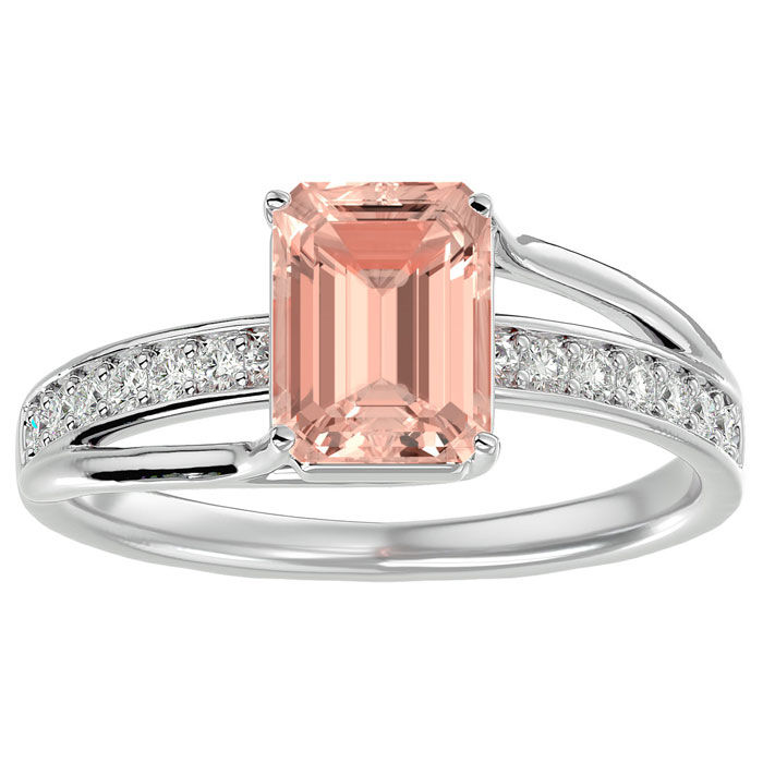 1.5 Carat Emerald Cut Morganite & 14 Diamond Ring in 14K White Gold (3.50 g), , Size 4 by SuperJeweler