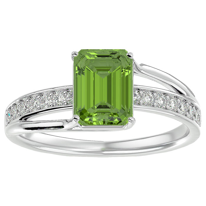 2 Carat Emerald Cut Peridot & 14 Diamond Ring in 14K White Gold (3.50 g), , Size 4 by SuperJeweler