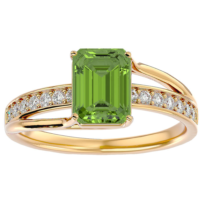 2 Carat Emerald Cut Peridot & 14 Diamond Ring in 14K Yellow Gold (3.50 g), , Size 4 by SuperJeweler