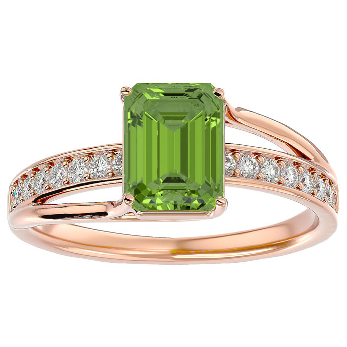 2 Carat Emerald Cut Peridot & 14 Diamond Ring in 14K Rose Gold (3.50 g), , Size 4 by SuperJeweler