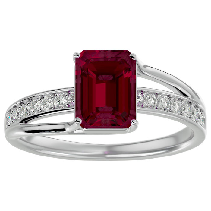 2.5 Carat Emerald Cut Ruby & 14 Diamond Ring in 14K White Gold (3.50 g), , Size 4 by SuperJeweler