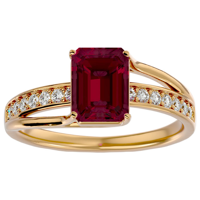 2.5 Carat Emerald Cut Ruby & 14 Diamond Ring in 14K Yellow Gold (3.50 g), , Size 4 by SuperJeweler