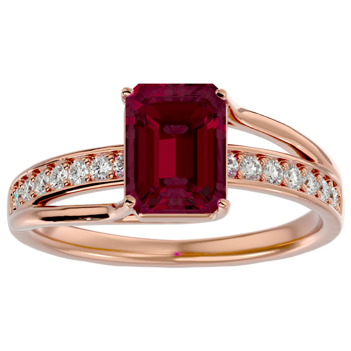 2.5 Carat Emerald Cut Ruby & 14 Diamond Ring in 14K Rose Gold (3.50 g), , Size 4 by SuperJeweler