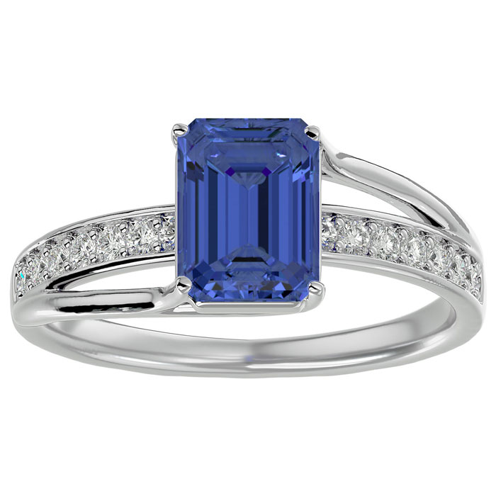 2 Carat Emerald Cut Tanzanite & 14 Diamond Ring in 14K White Gold (3.50 g), , Size 4 by SuperJeweler