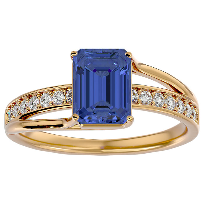 2 Carat Emerald Cut Tanzanite & 14 Diamond Ring in 14K Yellow Gold (3.50 g), , Size 4 by SuperJeweler