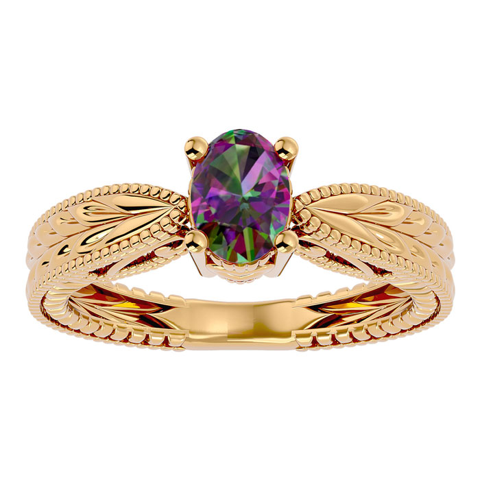 3/4 Carat Oval Shape Mystic Topaz Ring w/ Tapered Etched Band in 14K Yellow Gold (4 g), Size 4 by SuperJeweler