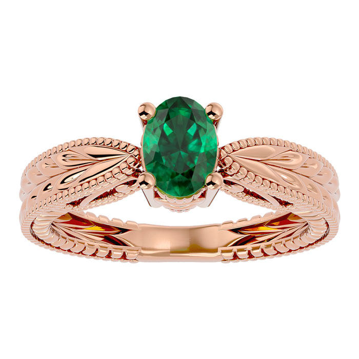 3/4 Carat Oval Shape Emerald Ring w/ Tapered Etched Band in 14K Rose Gold (4 g), Size 4 by SuperJeweler