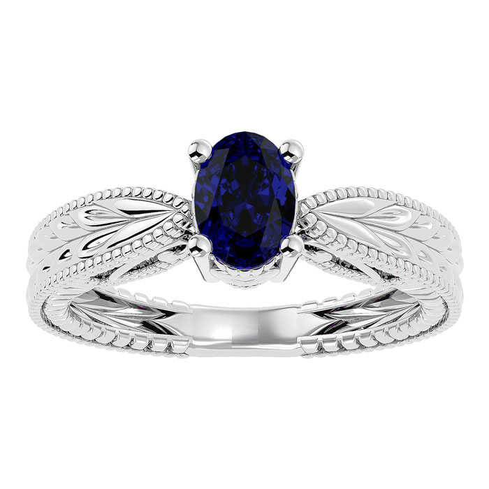 1 Carat Oval Shape Sapphire Ring w/ Tapered Etched Band in 14K White Gold (4 g), Size 4 by SuperJeweler