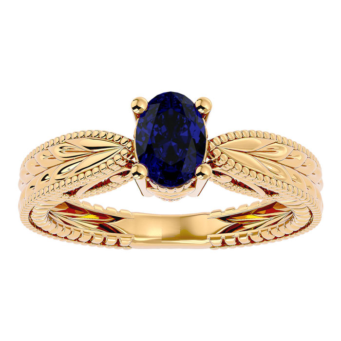 1 Carat Oval Shape Sapphire Ring w/ Tapered Etched Band in 14K Yellow Gold (4 g), Size 4 by SuperJeweler