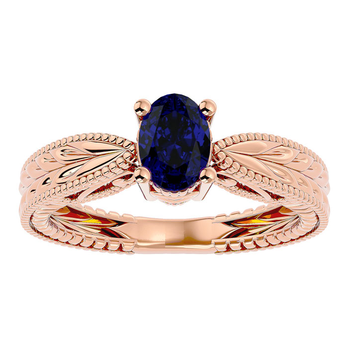 1 Carat Oval Shape Sapphire Ring w/ Tapered Etched Band in 14K Rose Gold (4 g), Size 4 by SuperJeweler