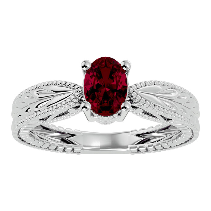 1 Carat Oval Shape Ruby Ring w/ Tapered Etched Band in 14K White Gold (4 g), Size 4 by SuperJeweler