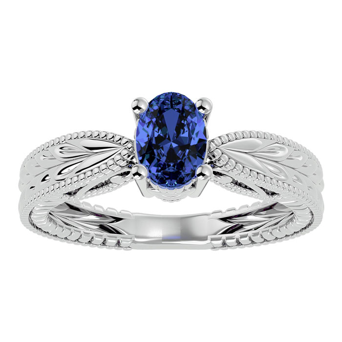 1 Carat Oval Shape Tanzanite Ring w/ Tapered Etched Band in 14K White Gold (4 g), Size 4 by SuperJeweler