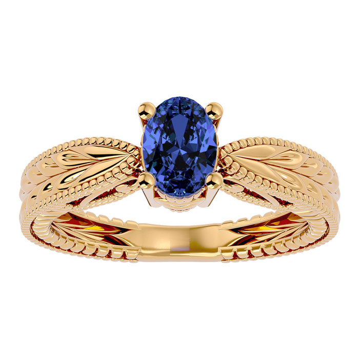 1 Carat Oval Shape Tanzanite Ring w/ Tapered Etched Band in 14K Yellow Gold (4 g), Size 4 by SuperJeweler