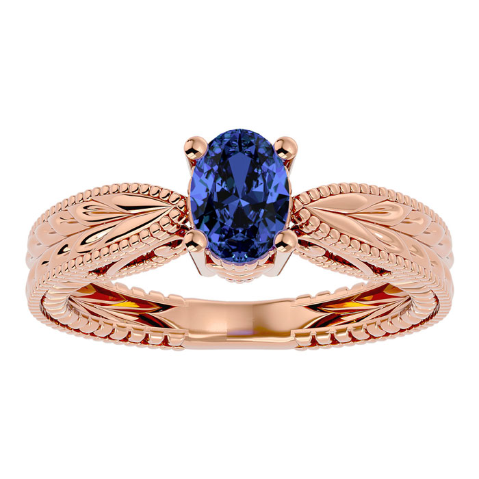 1 Carat Oval Shape Tanzanite Ring w/ Tapered Etched Band in 14K Rose Gold (4 g), Size 4 by SuperJeweler