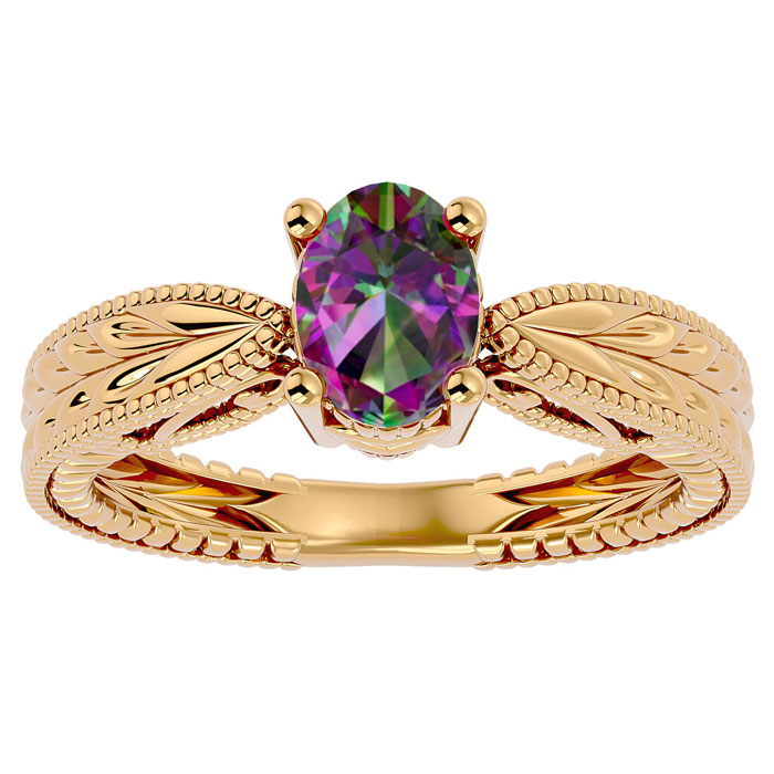 1 Carat Oval Shape Mystic Topaz Ring w/ Tapered Etched Band in 14K Yellow Gold (5.30 g), Size 4 by SuperJeweler