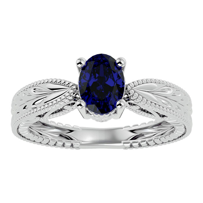 1.5 Carat Oval Shape Sapphire Ring w/ Tapered Etched Band in 14K White Gold (5.30 g), Size 4 by SuperJeweler