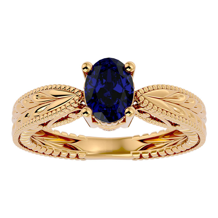 1.5 Carat Oval Shape Sapphire Ring w/ Tapered Etched Band in 14K Yellow Gold (5.30 g), Size 4 by SuperJeweler