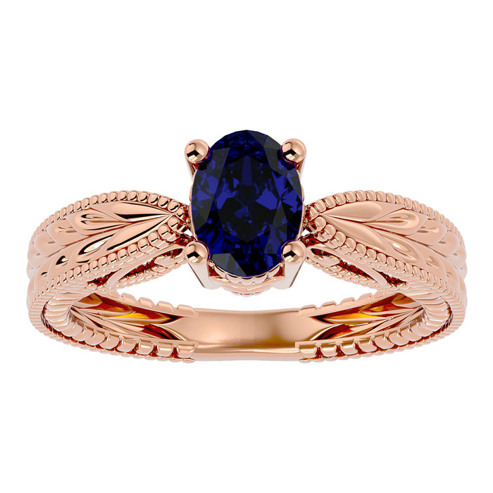 1.5 Carat Oval Shape Sapphire Ring w/ Tapered Etched Band in 14K Rose Gold (5.30 g), Size 4 by SuperJeweler