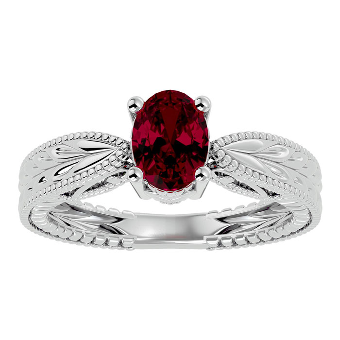 1.5 Carat Oval Shape Ruby Ring w/ Tapered Etched Band in 14K White Gold (5.30 g), Size 4 by SuperJeweler