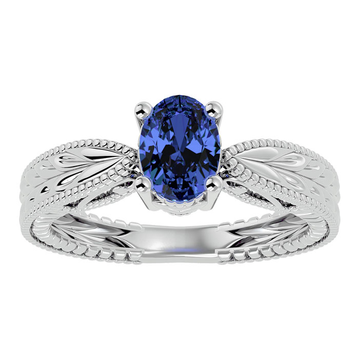1 1/3 Carat Oval Shape Tanzanite Ring w/ Tapered Etched Band in 14K White Gold (5.30 g), Size 4 by SuperJeweler