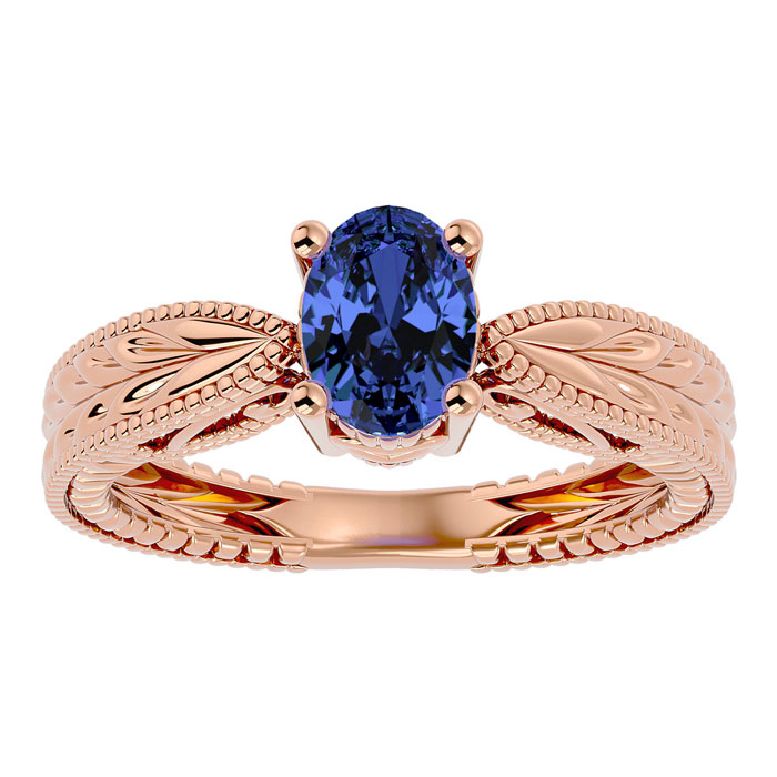 1 1/3 Carat Oval Shape Tanzanite Ring w/ Tapered Etched Band in 14K Rose Gold (5.30 g), Size 4 by SuperJeweler