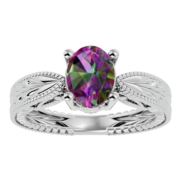 2 Carat Oval Shape Mystic Topaz Ring w/ Tapered Etched Band in 14K White Gold (6 g), Size 4 by SuperJeweler