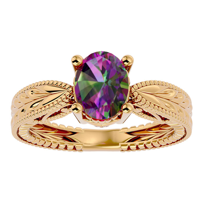 2 Carat Oval Shape Mystic Topaz Ring w/ Tapered Etched Band in 14K Yellow Gold (6 g), Size 4 by SuperJeweler