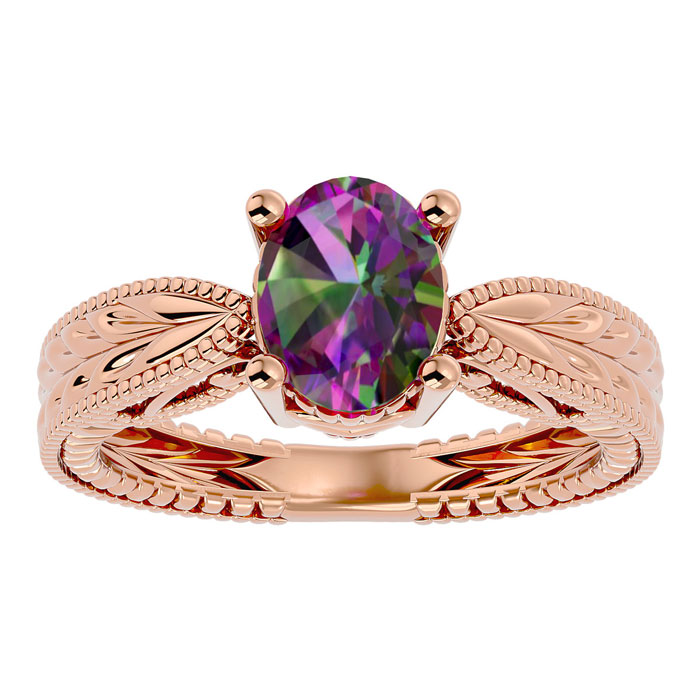 2 Carat Oval Shape Mystic Topaz Ring w/ Tapered Etched Band in 14K Rose Gold (6 g), Size 4 by SuperJeweler