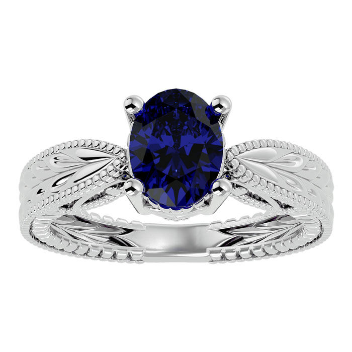 2 3/4 Carat Oval Shape Sapphire Ring w/ Tapered Etched Band in 14K White Gold (6 g), Size 4 by SuperJeweler