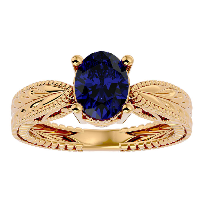 2 3/4 Carat Oval Shape Sapphire Ring w/ Tapered Etched Band in 14K Yellow Gold (6 g), Size 4 by SuperJeweler