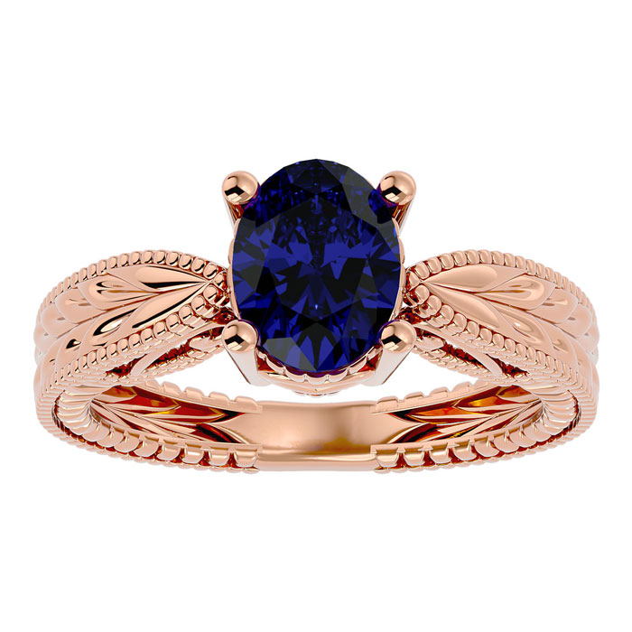 2 3/4 Carat Oval Shape Sapphire Ring w/ Tapered Etched Band in 14K Rose Gold (6 g), Size 4 by SuperJeweler