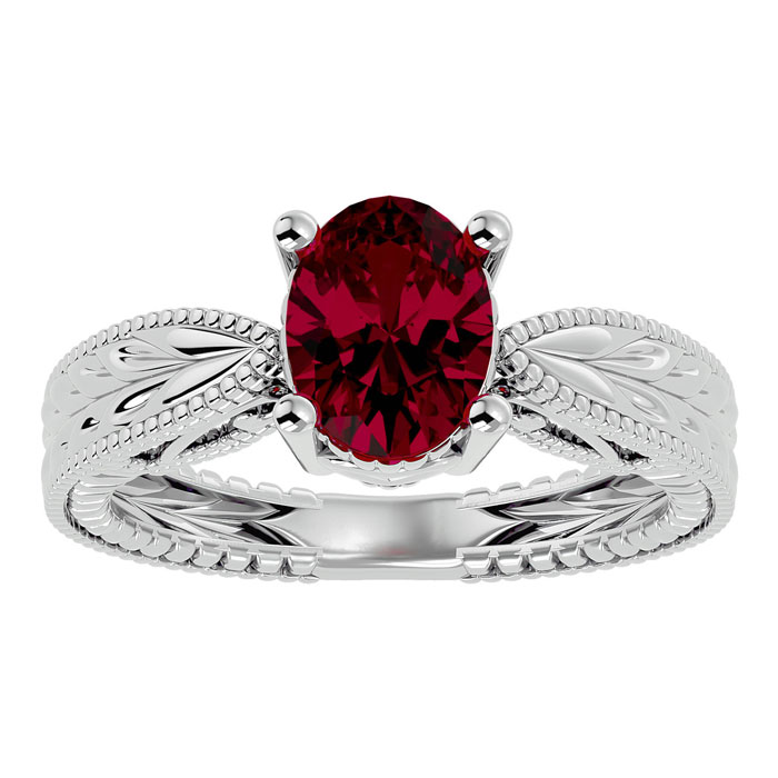 2 3/4 Carat Oval Shape Ruby Ring w/ Tapered Etched Band in 14K White Gold (6 g), Size 4 by SuperJeweler