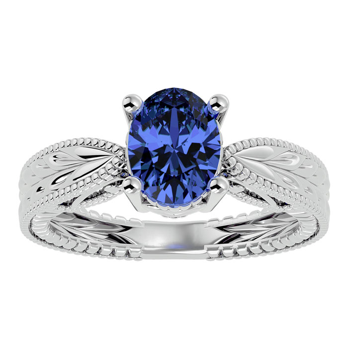 2 Carat Oval Shape Tanzanite Ring w/ Tapered Etched Band in 14K White Gold (6 g), Size 4 by SuperJeweler