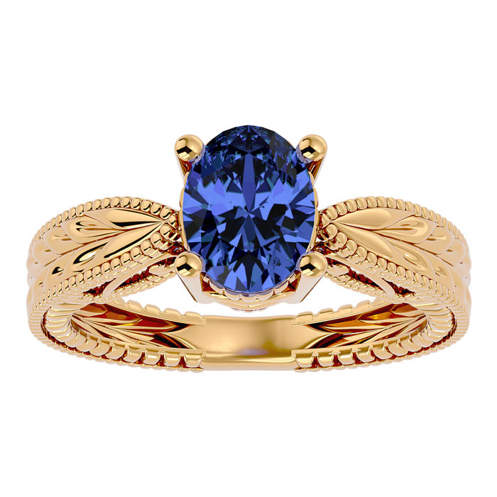2 Carat Oval Shape Tanzanite Ring w/ Tapered Etched Band in 14K Yellow Gold (6 g), Size 4 by SuperJeweler