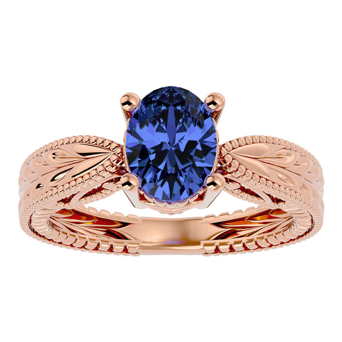 2 Carat Oval Shape Tanzanite Ring w/ Tapered Etched Band in 14K Rose Gold (6 g), Size 4 by SuperJeweler