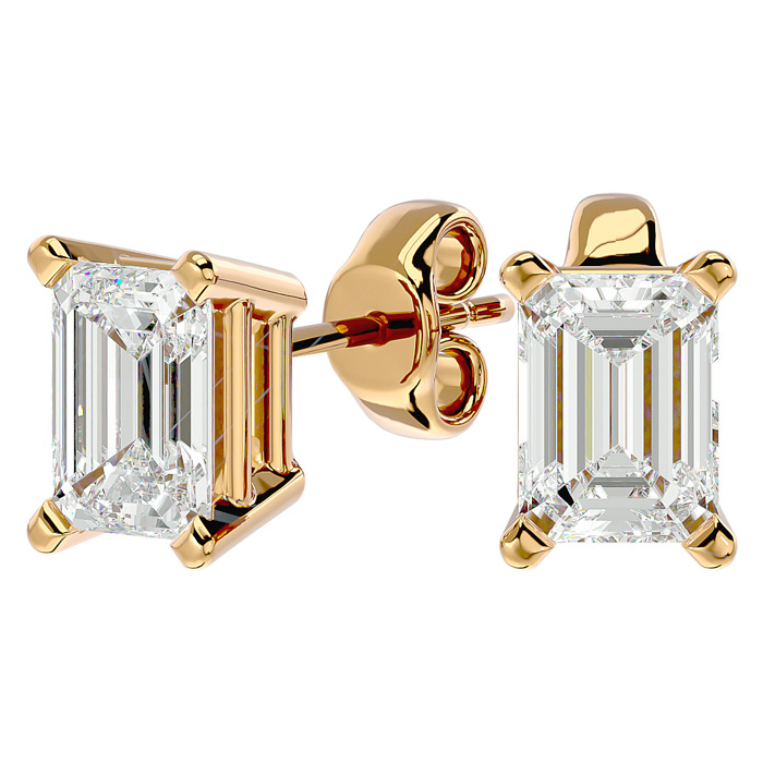 2 Carat Emerald Shape Moissanite Stud Earrings in 14K Yellow Gold, E/F Color by SuperJeweler