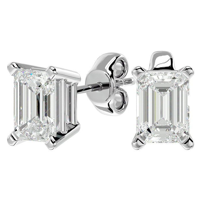 2 Carat Emerald Shape Moissanite Stud Earrings in Platinum, E/F Color by SuperJeweler