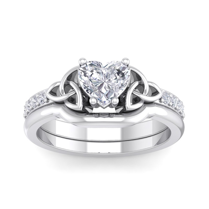 1 Carat Heart Shape Moissanite Claddagh Bridal Ring Set in 14K White Gold (6.30 g), E/F Color, Size 4 by SuperJeweler