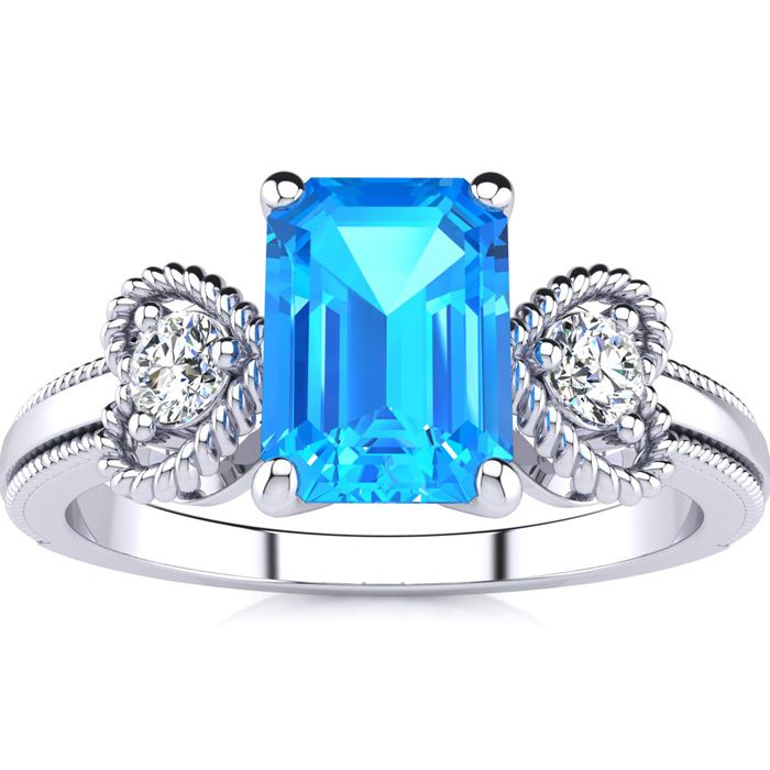 1 1/3 Carat Blue Topaz & Two Diamond Heart Ring in 1.4 Karat White Gold (2.8 g)â¢, , Size 4 by SuperJeweler